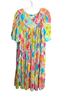 Go Softly -Colorful Floral Boho Patio Dress in Pink, Turquoise & Yellow  - PL